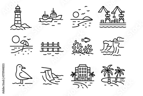 Coastal Icon Set. Outline icon set of coastal panoramas: lighthouse, fishing boats, port cranes, sandy beach,