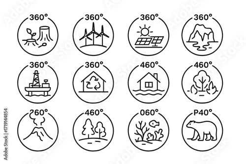 Environmental Icon Set. Outline icon set of 360° environmental shots: deforestation, wind turbines, solar farm