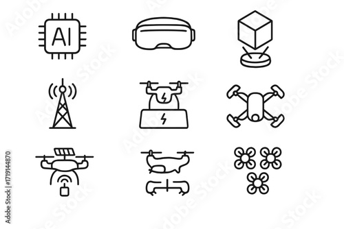 Futuristic Drone Tech Icons. Outline icon set of futuristic drone tech: AI chip, VR goggles, hologram, 5G