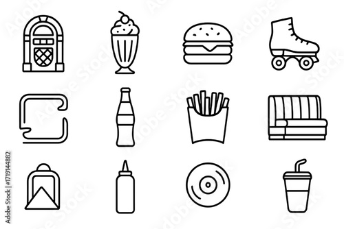 Retro Diner Icons. Outline icon set of 50s diner style: jukebox, milkshake glass, hamburger, roller skates,