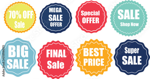 A colorful array of sale badges showcasing various discounts and promotional offers on a white background