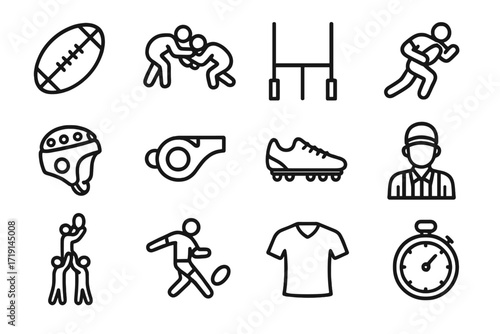 Rugby Icon Set. Outline icon set of rugby: rugby ball, scrum, goalpost, tackling player, scrum cap, whistle,