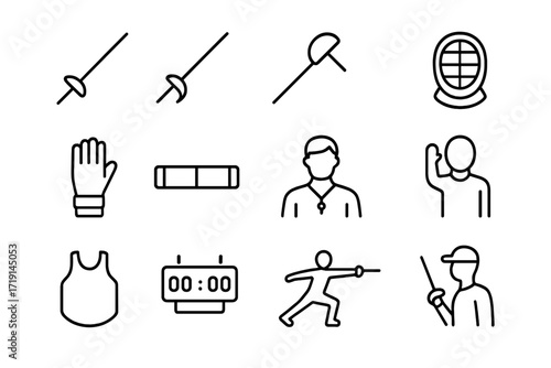 Fencing Icon Set. Outline icon set of fencing: foil sword, épée, sabre, helmet mask, glove, piste, referee,