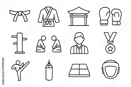 Martial Arts Icon Set. Outline icon set of martial arts: belt, gi uniform, dojo, sparring gloves, wooden dummy