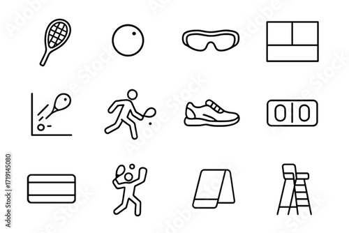 Squash Icon Set. Outline icon set of squash: racket, ball, goggles, court lines, wall bounce, player in motion