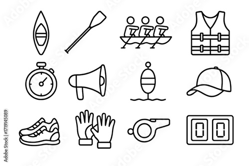Rowing Icon Set. Outline icon set of rowing: boat, oar, team rowers, life jacket, stopwatch, coach megaphone,