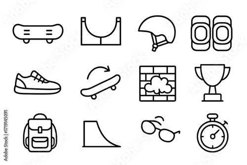 Skateboarding Icon Collection. Outline icon set of skateboarding: skateboard, half-pipe, helmet, knee pads,