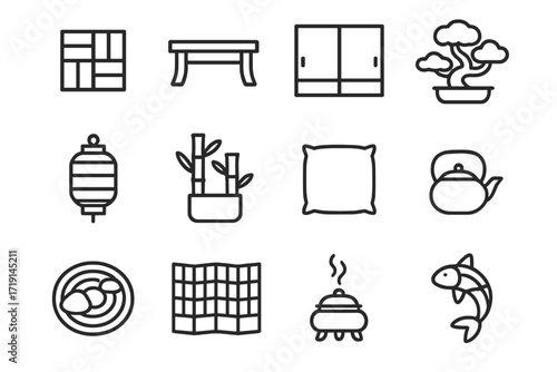Zen Icon Grid. Outline icon set of Japanese zen design: tatami mat, low table, sliding door, bonsai tree,