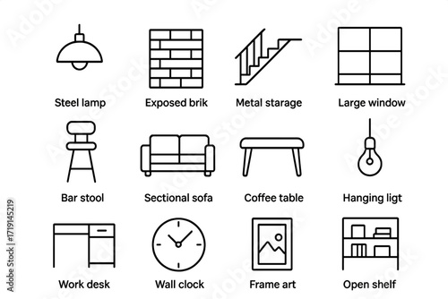 Modern Loft Icons. Outline icon set of modern loft: steel lamp, exposed brick, metal staircase, large window,
