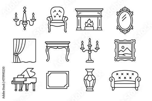 Luxury Icon Set. Outline icon set of luxury classic: chandelier, velvet chair, marble fireplace, ornate mirror
