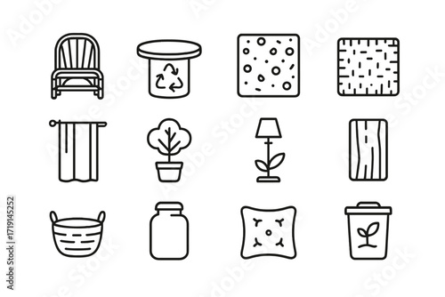Eco Interior Icons. Outline icon set of eco-friendly interior: bamboo chair, recycled table, cork wall, hemp