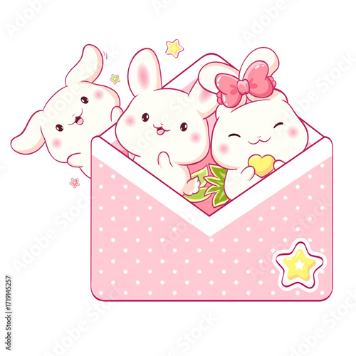 Square card in kawaii style with cute rabbit in envelope. Three little bunny in open letter. Can be used for t-shirt print, sticker, badge, greeting card. Vector illustration EPS8