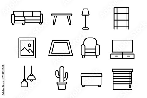 Contemporary Home Icons. Outline icon set of contemporary home: sectional sofa, glass table, floor lamp,