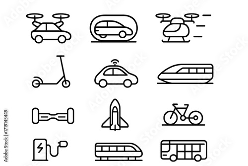 Futuristic Transport Icons. Outline icon set of futuristic transport: flying car, hyperloop pod, drone taxi,