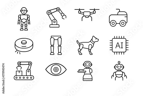 Robotics Icon Set. Outline icon set of robotics: humanoid robot, robotic arm, drone, delivery bot, cleaning