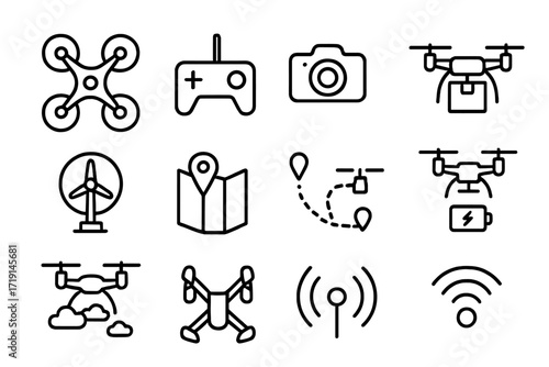 Drone Technology Icons. Outline icon set of drone technology: quadcopter, drone controller, drone camera,