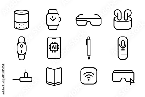 Smart Gadget Icons. Outline icon set of smart gadgets: smart speaker, smartwatch, smart glasses, earbuds,
