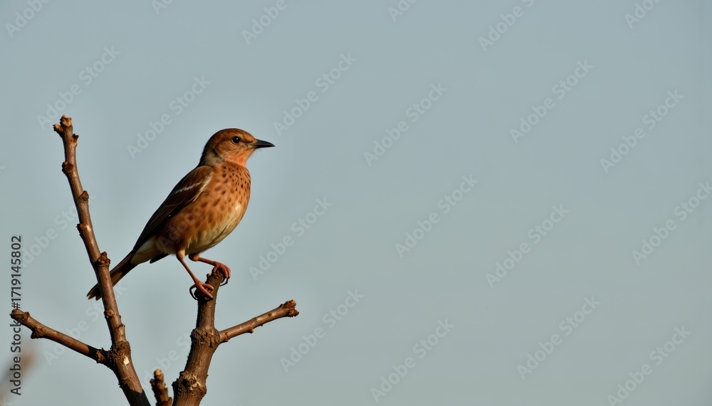 Fototapeta premium Solitary Bird Perched on Bare Tree Branch Against a Clear Blue Sky, Capturing the Essence of Nature's Simplicity and Tranquility in a Serene Outdoor Setting