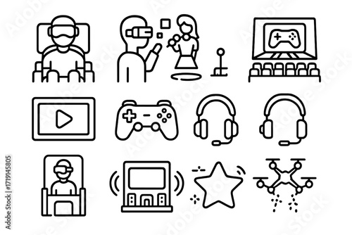 Futuristic Entertainment Icons. Outline icon set of futuristic entertainment: VR cinema, AR game, holographic