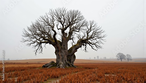Wallpaper Mural Majestic Solitary Tree in Barren Autumn Landscape with Overcast Sky and Sparse Foliage Symbolizes Beauty in Nature's Minimalistic and Tranquil Environment Torontodigital.ca