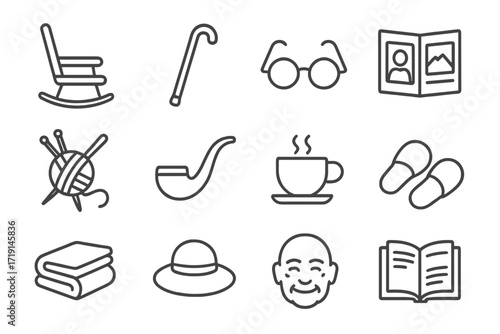 Graceful Aging Icons. Outline icon set of graceful aging: rocking chair, walking cane, eyeglasses, photo album