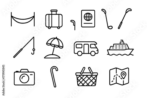 Retirement Icon Set. Outline icon set of retirement life: hammock, suitcase, passport, golf club, fishing rod,
