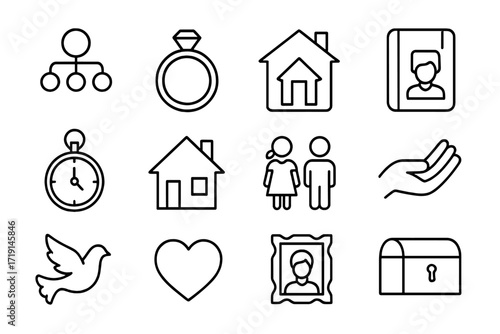 Family Legacy Icons. Outline icon set of family legacy: family tree, wedding ring, old photo, diary, pocket