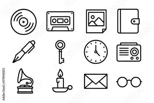 Nostalgia Icons Grid. Outline icon set of memory and nostalgia: vinyl record, cassette tape, black-and-white