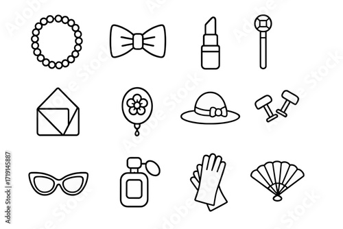 Graceful Aging Icons. Outline icon set of aging gracefully in style: pearl necklace, bow tie, lipstick, cane