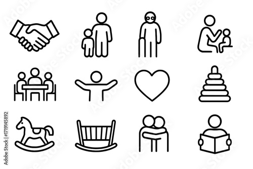 Intergenerational Bond Icons. Outline icon set of intergenerational bonds: handshake, parent with child,