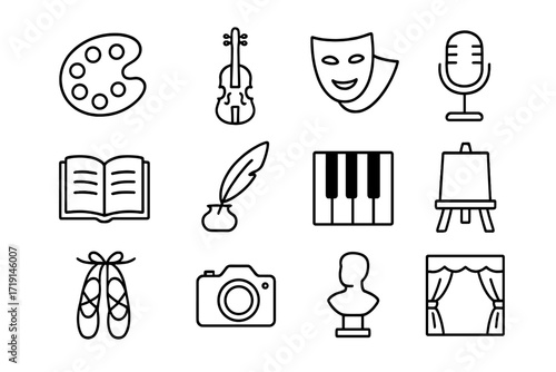 Aging Arts Icons. Outline icon set of aging and arts: palette, violin, theater mask, microphone, open book,