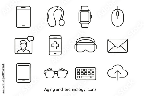 Tech and Aging Icons. Outline icon set of aging and technology: smartphone with large screen, hearing aid,