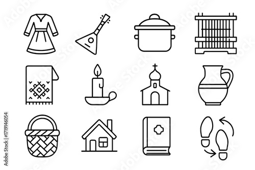 Heritage Tradition Icons. Outline icon set of heritage and tradition: folk costume, musical instrument,