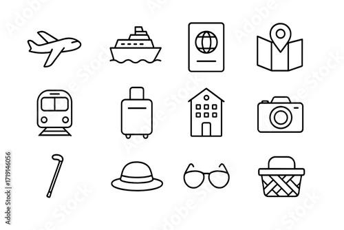 Senior Travel Icons. Outline icon set of senior travel: airplane, cruise ship, passport, map, train, suitcase,