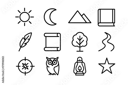 Timeless Wisdom Icons. Outline icon set of timeless wisdom: sun, moon, mountain, book, feather, scroll, tree,