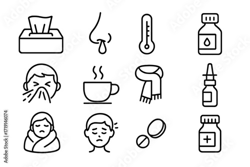Cold Relief Icons. Outline icon set of common cold: tissue box, runny nose, thermometer, cough syrup, sneezing