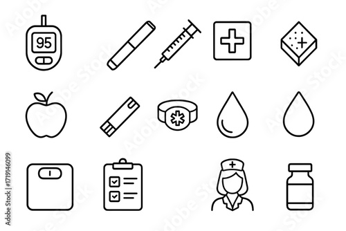 Diabetes Care Icon Set. Outline icon set of diabetes care: glucose meter, insulin pen, syringe, sugar cube