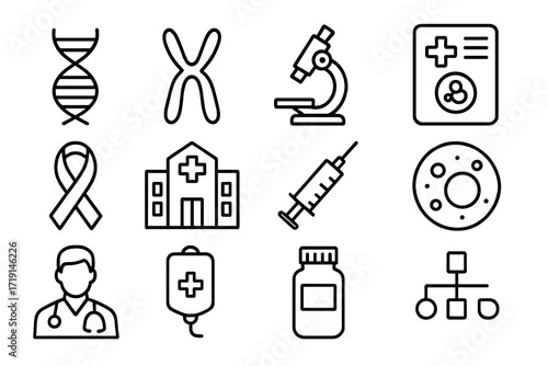 Rare Disease Icons. Outline icon set of rare diseases: DNA helix, chromosome, microscope, lab report, rare