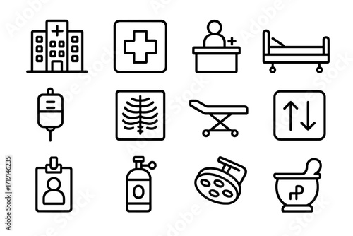 Medical Icon Set. Outline icon set of hospitals and clinics: hospital building, ER sign, reception desk,