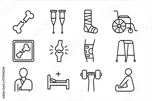 Orthopedic Injury Icons. Outline icon set of orthopedic injuries: broken bone, crutches, plaster cast,