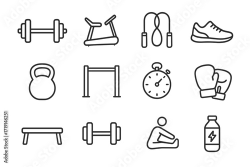 Fitness Icons Grid. Outline icon set of fitness and training: barbell, treadmill, skipping rope, running shoe,