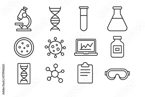 Medical Research Icons. Outline icon set of medical research: microscope, DNA strand, test tube, lab flask,