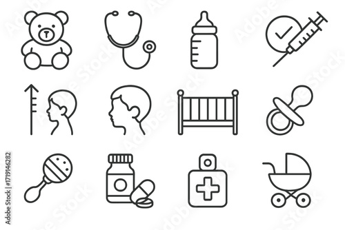 Children's Health Icons. Outline icon set of children’s health: teddy bear, pediatric stethoscope, baby bottle