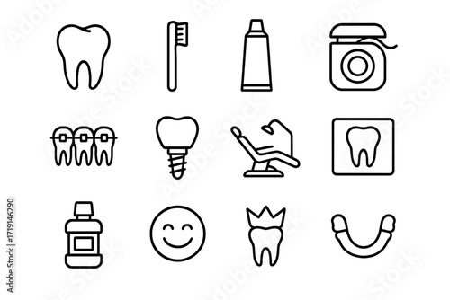 Dental Care Icons. Outline icon set of dental care: tooth, toothbrush, toothpaste tube, dental floss, braces,