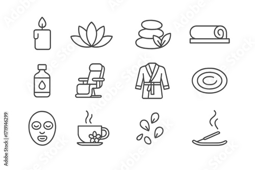 Spa Icon Set. Outline icon set of spa and relaxation: candle, lotus flower, hot stones, towel, essential oil,