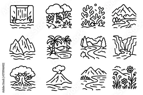 Nature Aerial Icons. Outline icon set of nature aerials: waterfall, rainforest canopy, coral reef, glacier,
