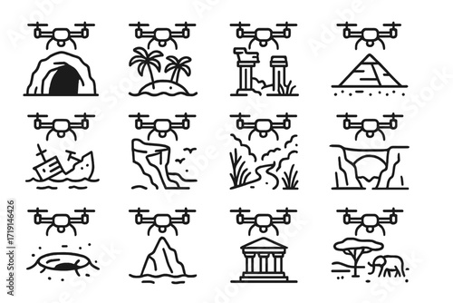 Drone Exploration Icons. Outline icon set of drone exploration: cave entrance, island coast, ancient ruins,