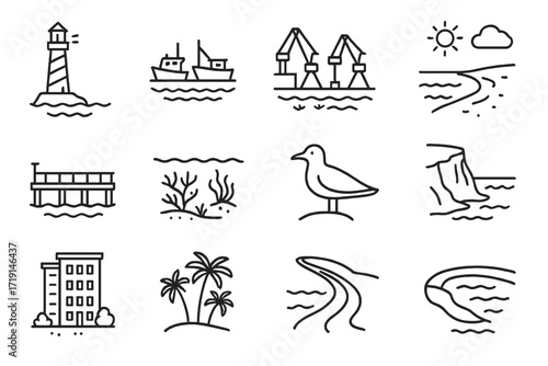 Coastal Panorama Icons. Outline icon set of coastal panoramas: lighthouse, fishing boats, port cranes, sandy