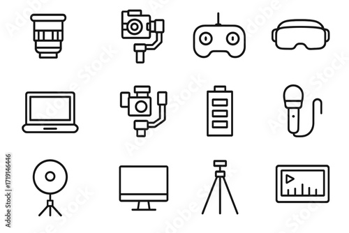 Drone Filmmaking Gear Icons. Outline icon set of drone filmmaking gear: camera lens, stabilizer, controller,