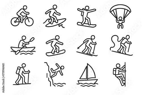 Adventure Sports Icons. Outline icon set of 360° adventure sports: mountain biking, surfing, skydiving,